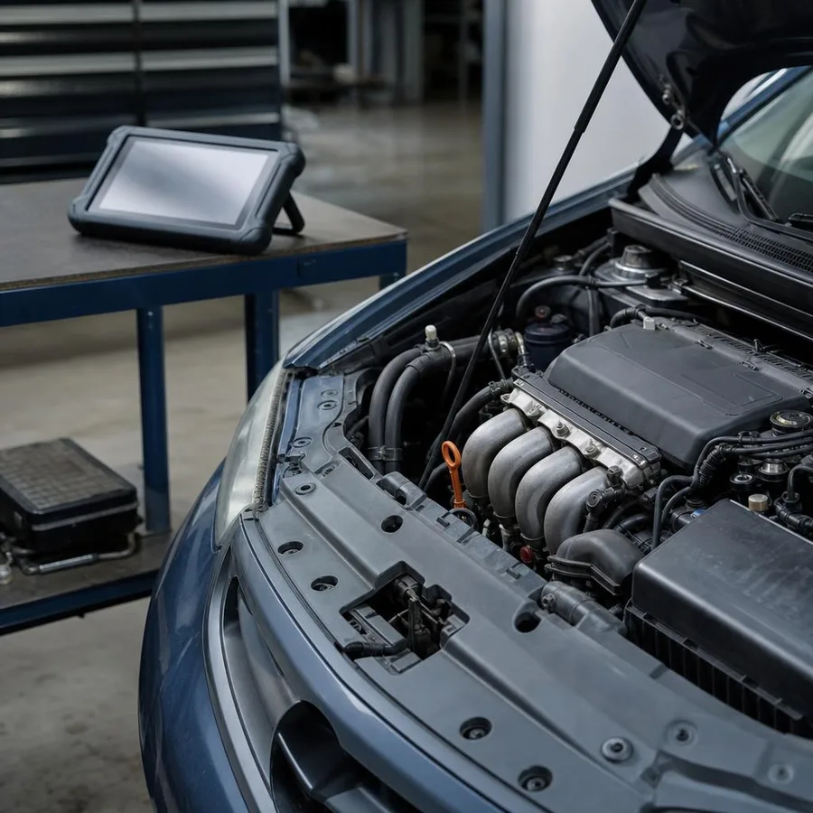 Geöffnete Motorhaube eines Autos mit Blick auf den Motorraum, daneben ein Diagnosegerät auf einer Werkbank
