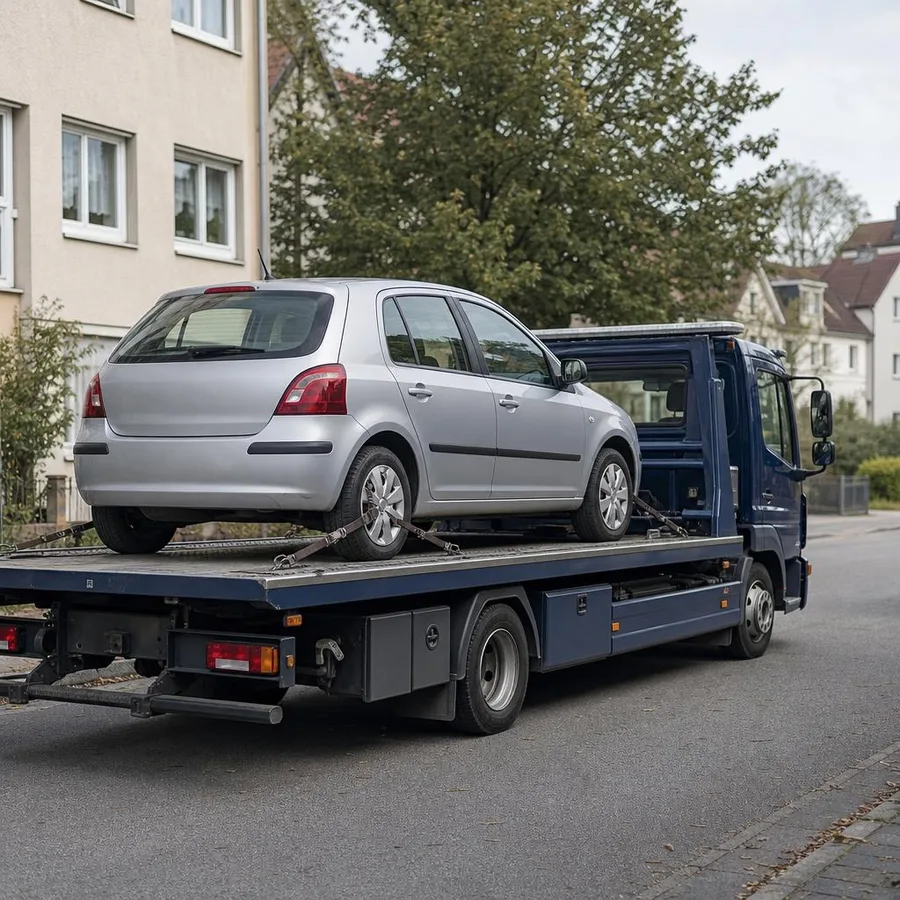 Silberner Kleinwagen auf einem Abschleppwagen in einer ruhigen Wohnstraße